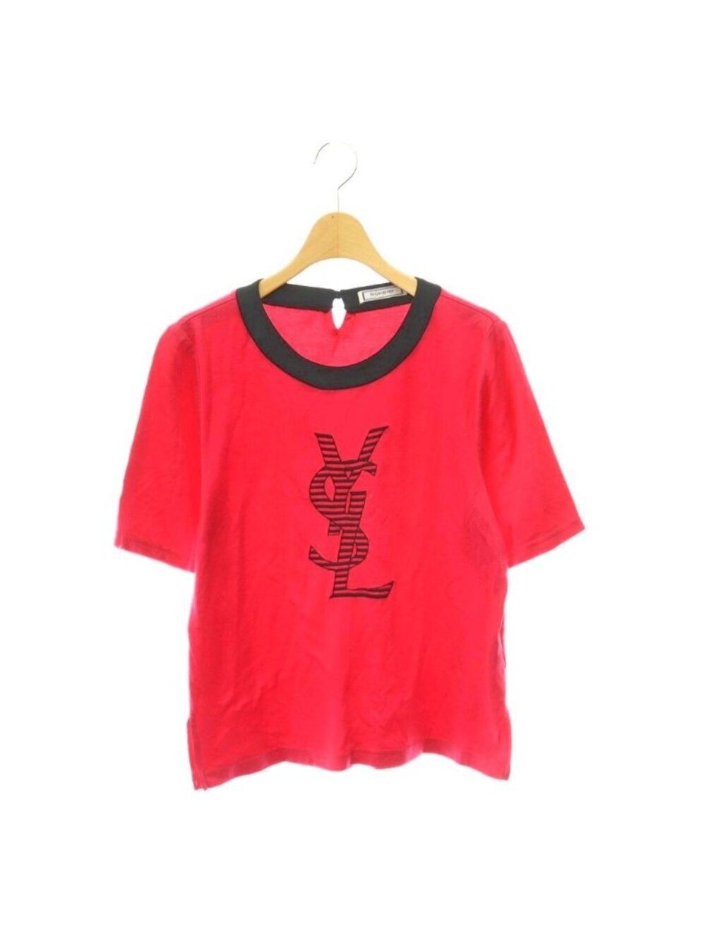Saint Laurent T-Shirt Short Sleeve Logo Embroidery Striped Pattern Pink M